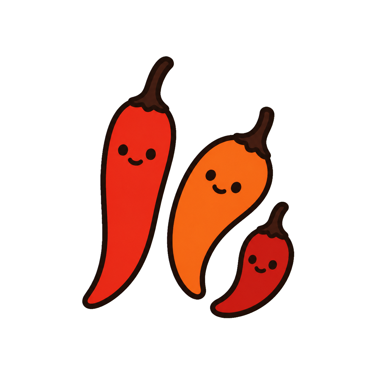 Three smooth smiling chillies in different shapes and shades