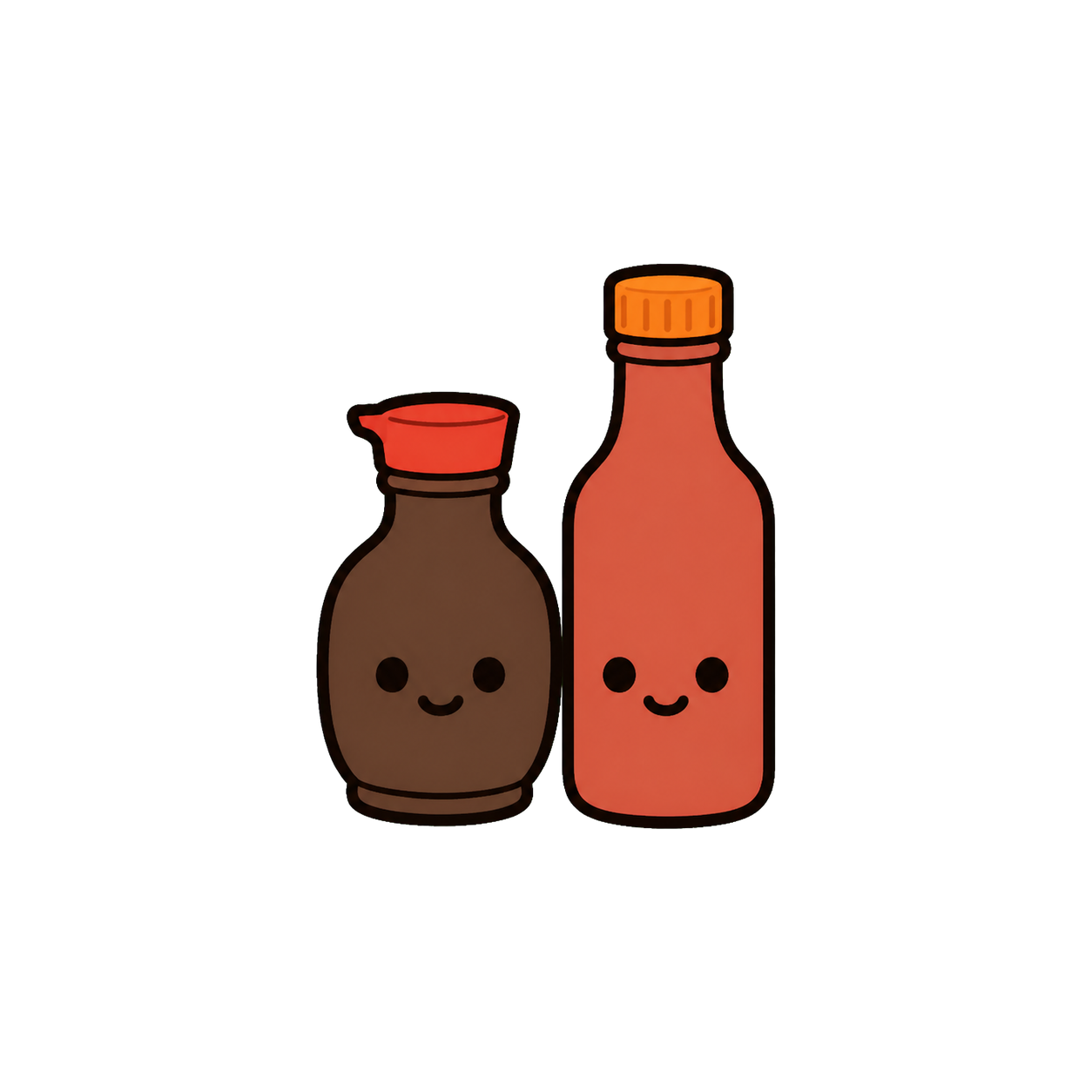 Two smiling Asian pantry sauce bottles