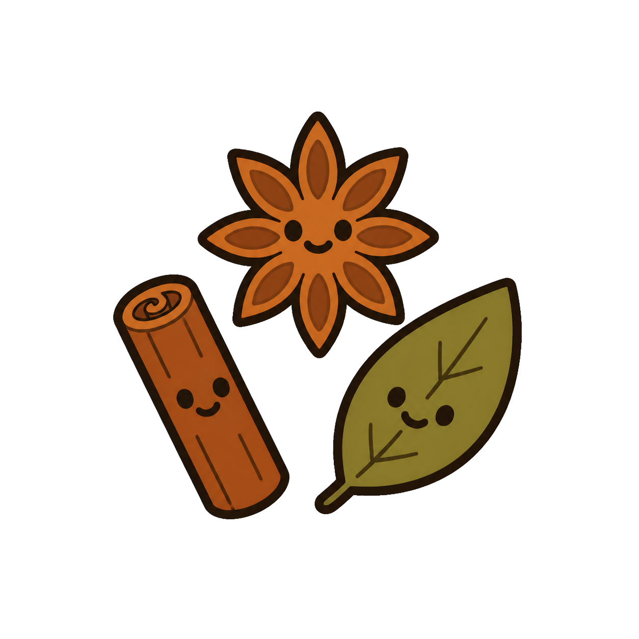 A smiling star anise, cinnamon stick and bay leaf